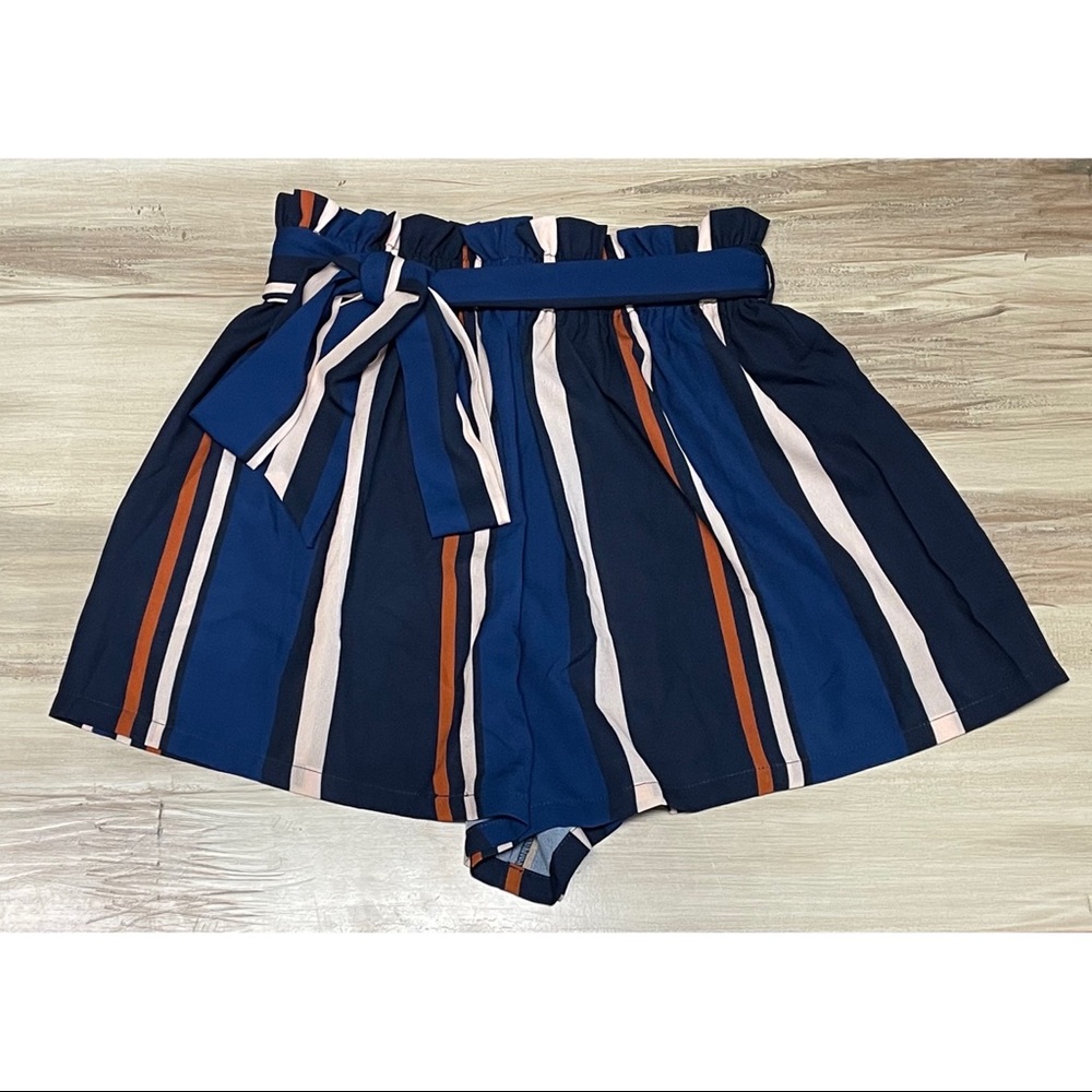 Chiffon Striped Shorts Elastic Waist Belted Blue Size S